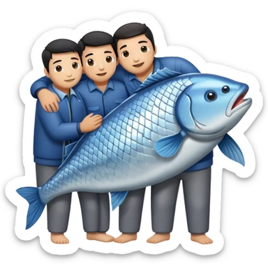 group of Asian men holding/hugging 1 fish sticker