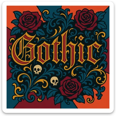 the word 'Gothic' in highly elaborate gothic calligraphy, with ornate flourishes, dark roses, tiny skulls, and baroque filigree sticker