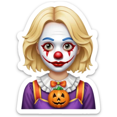 Sad Blonde woman in normal clothes holding a Halloween clown mask  sticker