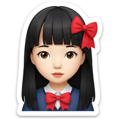 little Asian girl student with long straight black hair, bangs, wearing red bow sticker