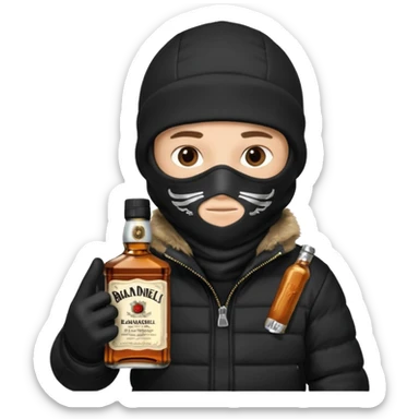 Junge mit Sturmhaube in der Rechten hand eine jacky flasche und schwarze winterjacke mit fell an der mütze 2 meter gross sticker