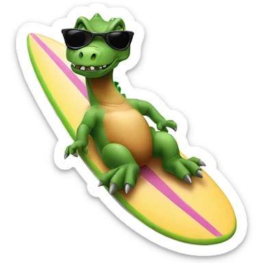 A dinosaur looksmaxing while wearing sunglasses on a surfboard sticker
