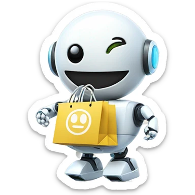 cute white floating spherical happy robot with floating shopping bags cool sticker