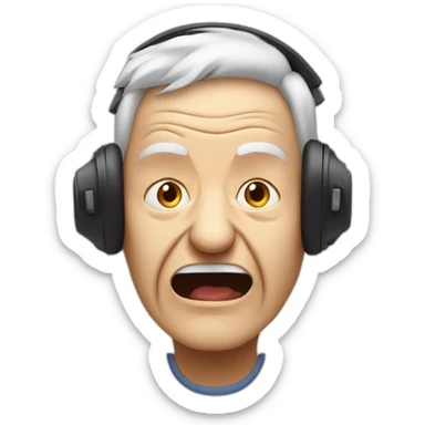 face of an elderly person with headphones on where only sound comes out from one side and the person is angry sticker