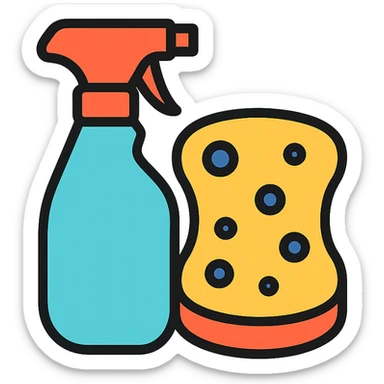 colorful icon of cleaning supplies, including spray bottle and sponge sticker