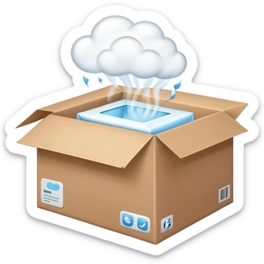 Generate a realistic emoji-style icon of the an open package which is empty and air is coming out of it. Out of the package steam or air is coming out of it  sticker