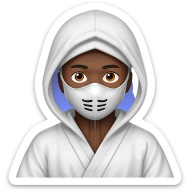 All white ninja robe with white mask to cover face and neck with a hoodie on and dark brown skin color sticker