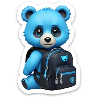 3D, adorable little Pixar style blue neon punk bear with a black backpack, ultra detailed, each lash, eye, and strand of fur is shown in stunning detail as though captured in a timeless photograph, rich textures, visually rich, so lifelike it feels like it could leap off the page at any moment sticker