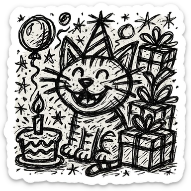 Add more gifts around the kitten, keeping the chaotic outlined style and all original elements intact sticker