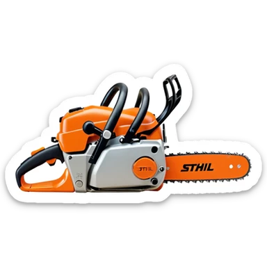 Stihl MS500i chainsaw, side view, showing the Stihl logo clearly, realistic proportions but simplified details, bright orange and silver color scheme, clean design, suitable for emoji style sticker