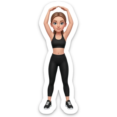 morning stretch with both arms overhead, fair-skinned woman, gray-blue eyes, ash brown brows, ash light brown hair tied back, slim athletic body, black workout set, black sneakers with white soles sticker