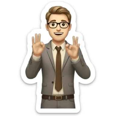To belt Actively gesturing with hands Okay Pale skinned fit man with dark brown hair in gray jacket, beige office shirt, brown tie, brown pants and vintage glasses. sticker