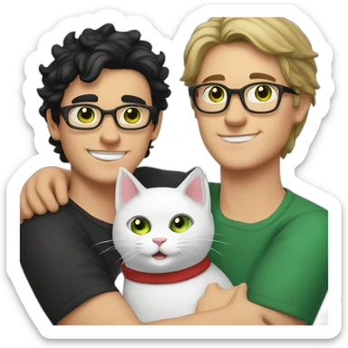 White guy with green eyes, black hair and with glasses hug red percian cat sticker