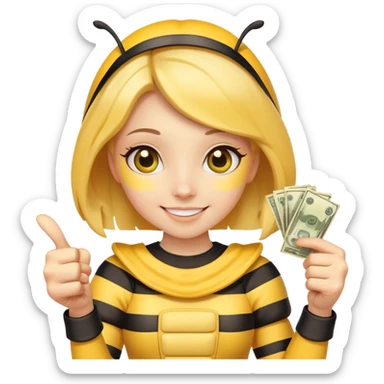 Girl ￼Bee with money shows thumbs up sticker