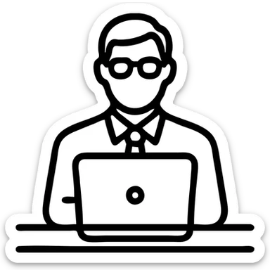 A 35-year-old male business coach sitting at a desk with a laptop sticker