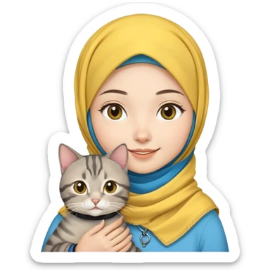 Asian White girl wearing yellow hijab holding a black grey tabby cat while smiling. The cat is wearing a blue collar sticker