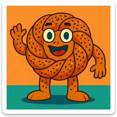 fantasy creature made of Turkish simit with sesame seeds, arms and legs, friendly monster face sticker