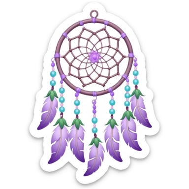 Lavender lilac pastel purple dreamcatcher-suncatcher with lavender flowers and lilac flowers attached, cyan beads, white beads, rose-pink beads, green leaves sticker
