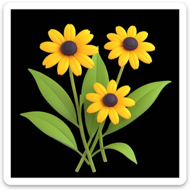 three yellow rudbeckia flowers with green leaves, 3D iOS style, soft shadows, realistic highlights, white background sticker