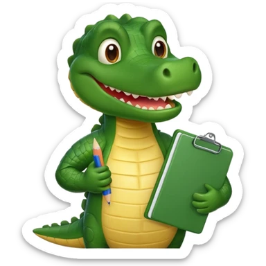 A cartoon gator with a clipboard and a pencil against a white background sticker