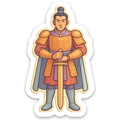 Full-length front view of a general with elongated legs in retro-sticker style. High detail with pronounced shadows and highlights, clean lines, soft rounded shapes. Use a pastel palette including #98B5BC, #B5B3C1, #C9A3C9, #E4C0CA, #F7DCD1, #F7C0AA. Transparent background. sticker