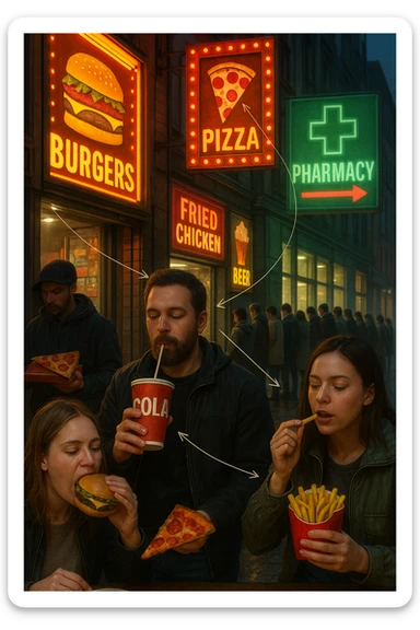 Realistic, vertical scene: a city street filled with bright, enticing advertisements for junk food and alcohol. In the foreground, people indulge in unhealthy foods and drinks, while in the background, a large pharmacy sign glows, and a line of people waits to buy medicine. Subtle arrows or visual cues connect the unhealthy choices to the need for medication, highlighting the cycle. in italiano sticker