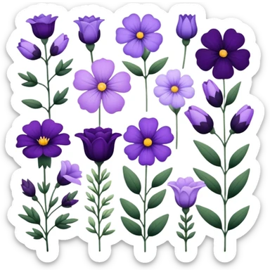 "A collection of dark violet and light lavender flowers in a botanical style."
 sticker