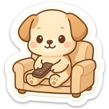 a cute dog sitting on a couch, holding a TV remote, fun and friendly cartoon style sticker