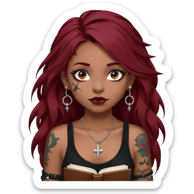 generate an ios genmoji of a dusky girl with long dark red messy hair with eyeliner on her eyes. septum piercing, wearing a cami black top, has tattoos, on shoulders. ear piercings. wearing a cross silver necklace. carrying a lot of sketchbooks


no tattoos on face sticker