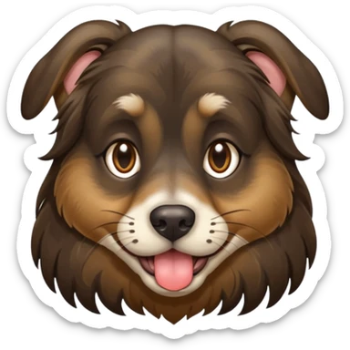 dog face with long black+brown brindle coat and bridge of nose. ears stand up w/ tips folded down. make eyes light brown-ish gold. widen tongue and add dark splotch. keep mane long.  sticker