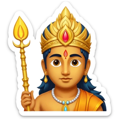 A minimal, divine emoji-style illustration of Lord Murugan, serene face, glowing vel (spear) symbol, bright golden aura, vibrant colors, simple rounded emoji design, high clarity, spiritual and peaceful expression, white background. sticker