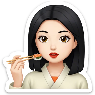 Girl with black hair eating sushi sticker