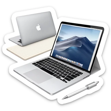 MacBook with online booking system and classic paper notebook with pen side by side, both objects fully visible, no background, no cut-off edges sticker
