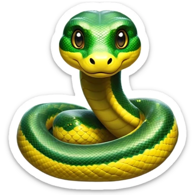 Cinematic Cute Anaconda Portrait Emoji, Head tilted playfully and inquisitively, with a sleek, shimmering body adorned with detailed scale patterns and round, sparkling eyes full of wonder, Simplified yet irresistibly adorable features, highly detailed, glowing with a warm, friendly jungle glow, high shine, affectionate and lively, stylized with a touch of whimsical reptilian charm, soft glowing outline, capturing the essence of a mischievous serpent that feels like it could slither out of the screen into your arms! sticker