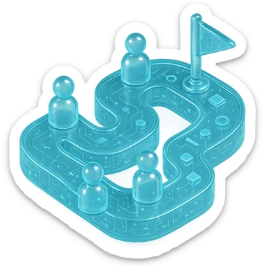 Flat icon of a winding path with user avatars and milestones, cyan blue sticker