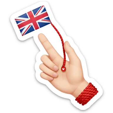 a hand with red string tied up to the pinky finger which shows a British-China-Hong Kong flag to the red thread of fate sticker