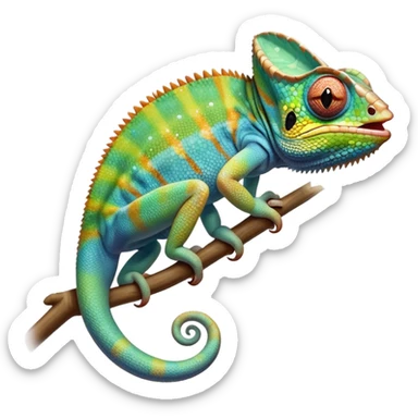 cinematic cute -chameleon-realistic emoji, mouth wide open with tongue out catching prey, -blending-with-vibrant-greenery.-detailed-scales-in-shifting-colors,-showing-the-chameleon’s-ability-to-camouflage.-soft-natural-light-highlights-its-texture.-light-background, zoomed into its face sticker
