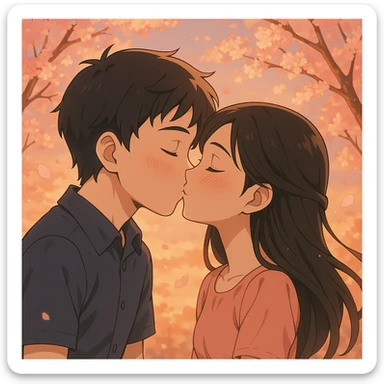 a boy named Joel kissing a girl named Madhu, affectionate, romantic, anime style sticker