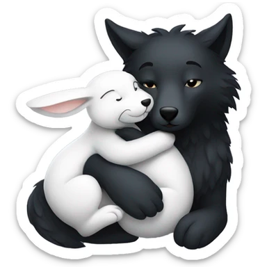 Big black wolf hugging a small white rabbit sticker