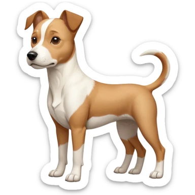 a full body facing front on of a buff white beagle cross jack russell terrier looking dog the size of a kelpie with light brown long ears resting on its face and a light brown patch above one eye and a large snout. the rest of the dog is completely white.  sticker