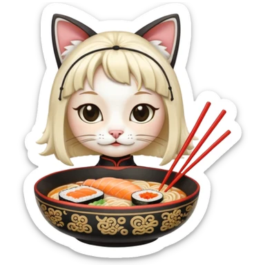 Maine coincide cat orante anda White, With a ramen, anda a clip With sushi form on the head sticker