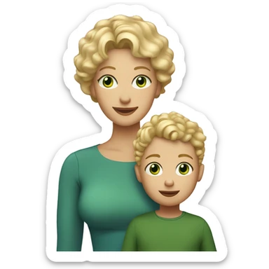 Mother and toddler son. Mom has short blonde curly hair and green eyes. The son has short straight blonde hair and blue eyes  sticker