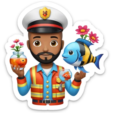 A MAN WITH BROWN SKIN AND A BLACK BEARD - WITH A BUZZ CUT AND SNAPBACK - IN A FIREMAN OUTFIT - HOLDING A FISHBOWL WITH A FIGHTERFISH - AND SOME FLOWERS - WITH CLOWN SHOES sticker