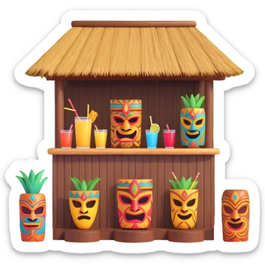 emoji of a tiki bar with Hawaiian motifs, wooden masks, colorful drinks sticker