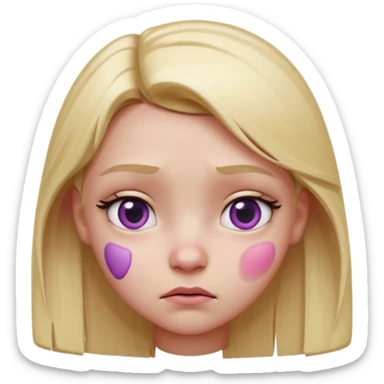 Blonde girl emoji, head and slight shoulders visible, one eye bruised pink and slightly swollen (cartoon black eye), soft pink-purple bruise shading around eyelid, cute but annoyed expression, glossy smooth 3D emoji render, centered composition, clean lighting, white or transparent background. sticker