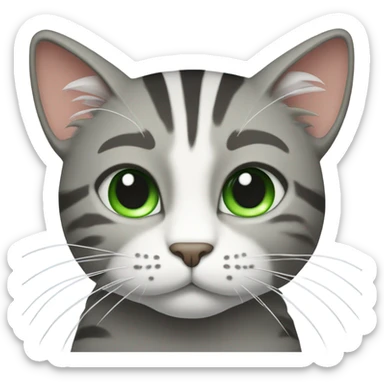and a cat with large whiskers that has white and gray stripes on its head, and green eyes sticker