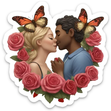 Hyper Realistic Couple kissing surrounded by roses and butterflies  sticker