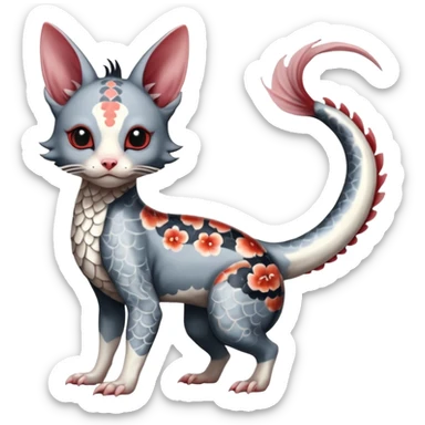 Edgy badass swimmy wet painted intricate ornate Japanese Asian koi-Minccino-Lykoi-Emolga-Sphynx-Linoone-Zangoose-fusion-hybrid-animal-Fakémon-creature, full body, thin long sleek scaly tail, intricate markings sticker