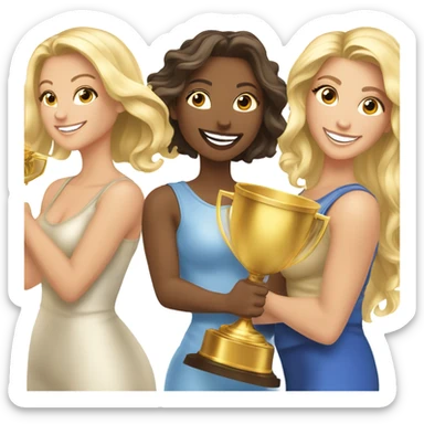 Seven beautiful blonde and brunette women celebrating with a huge gold trophy sticker