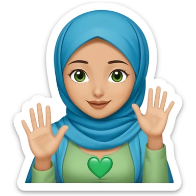 Turkish beautiful finish Konya girl blue hijab and green heart dress and wink her hand goodbye  sticker